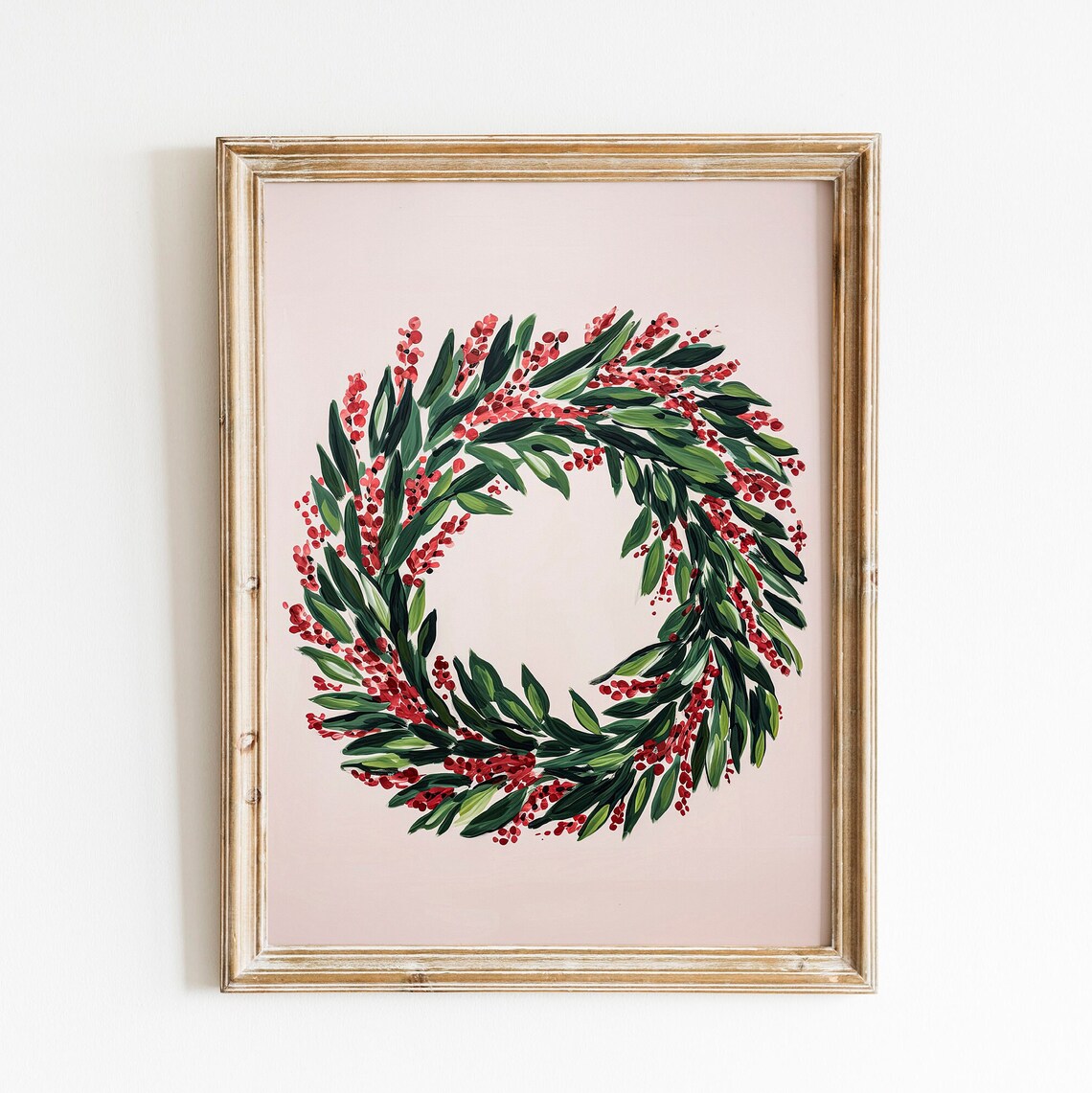 Watercolor Christmas Wreath Red Berries Blush Pink Holiday Art Poster - Image 4