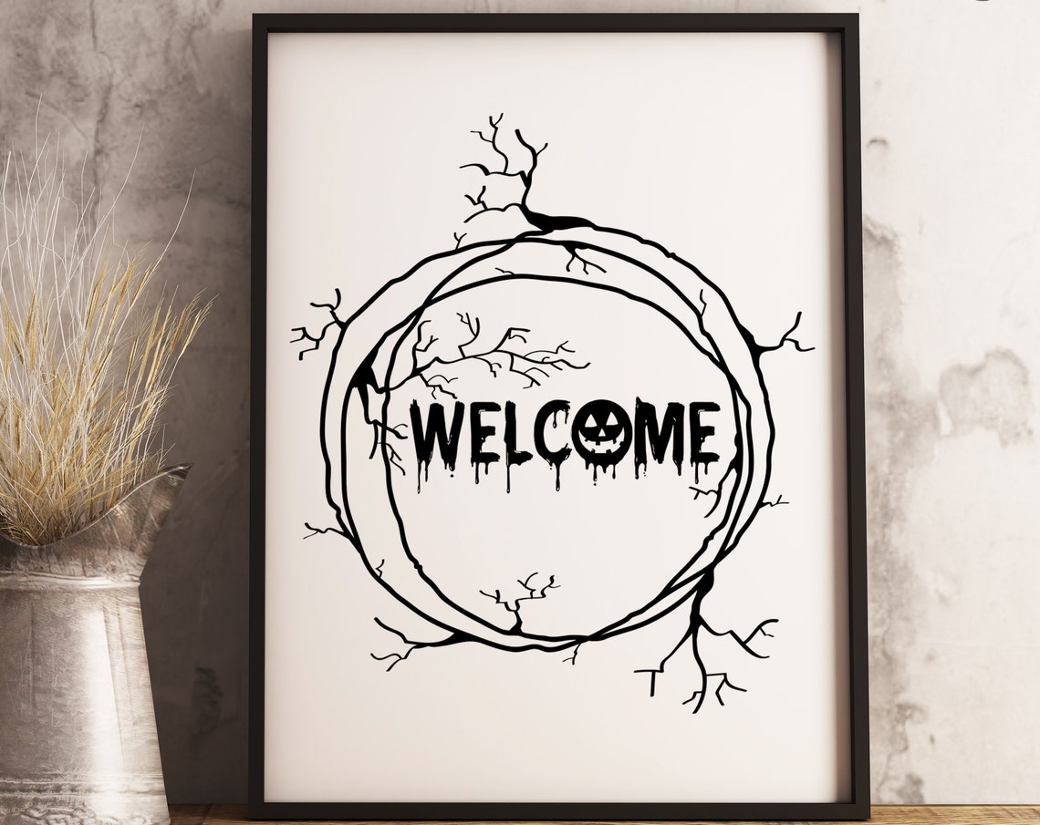 Halloween Welcome Wreath Pumpkin Spooky Branch Door Decor Poster