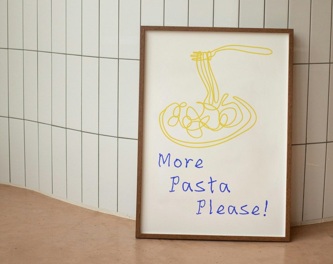 More Pasta Please Yellow Line Art Spaghetti Fork Poster Kitchen Decor