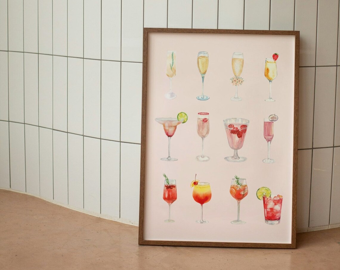 Watercolor Cocktail Glasses Champagne Drinks Bar Cart Art Poster