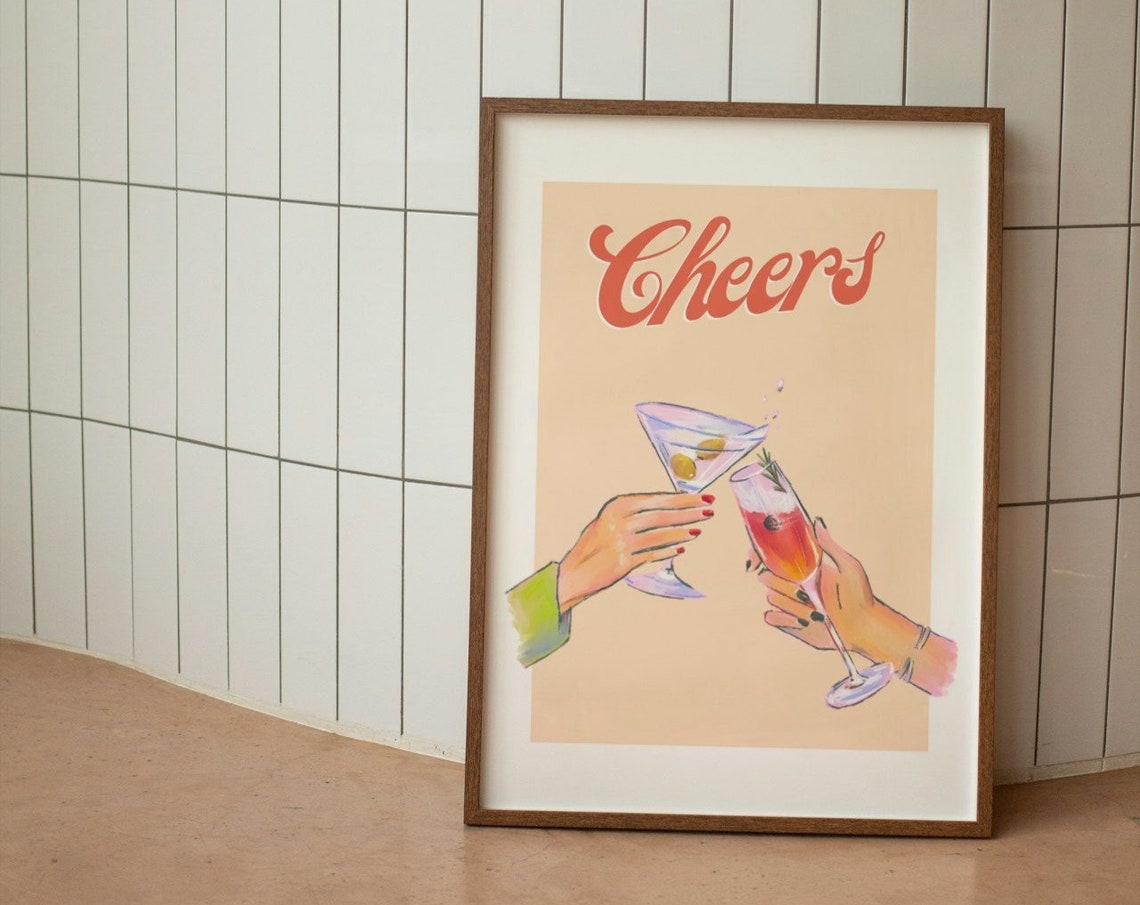 Cheers Cocktail Toast Clinking Glasses Retro Bar Decor Poster