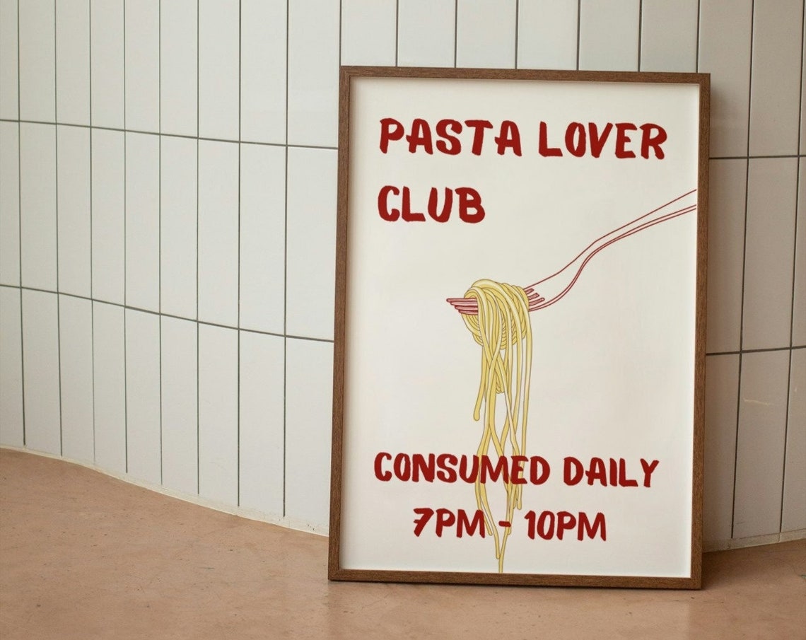 Pasta Lover Club Spaghetti Fork Hand Drawn Kitchen Decor Poster