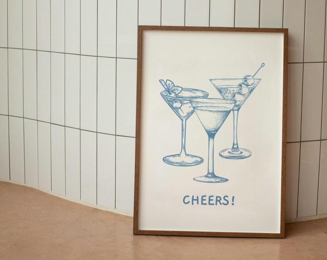 Blue Bar Cart Cheers Print, Cocktail Bar Decor