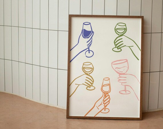 Cheers Wine Glasses Line Art Hands Bar Cart Modern Color Poster