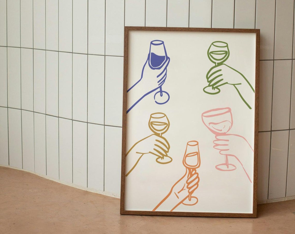 Cheers Wine Glasses Line Art Hands Bar Cart Modern Color Poster