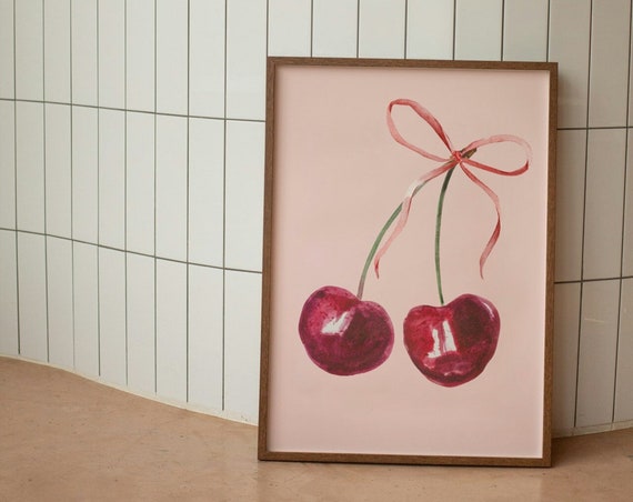 Cherry Wall Art Print Feminine Poster Pink Bow Soft Girl Bedroom Decor Aesthetic Trendy Wall Art Print Cherry Wall Art