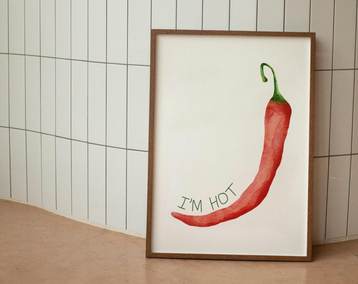 I Am Hot Red Chili Pepper Watercolor Poster Funny Minimal Kitchen Art