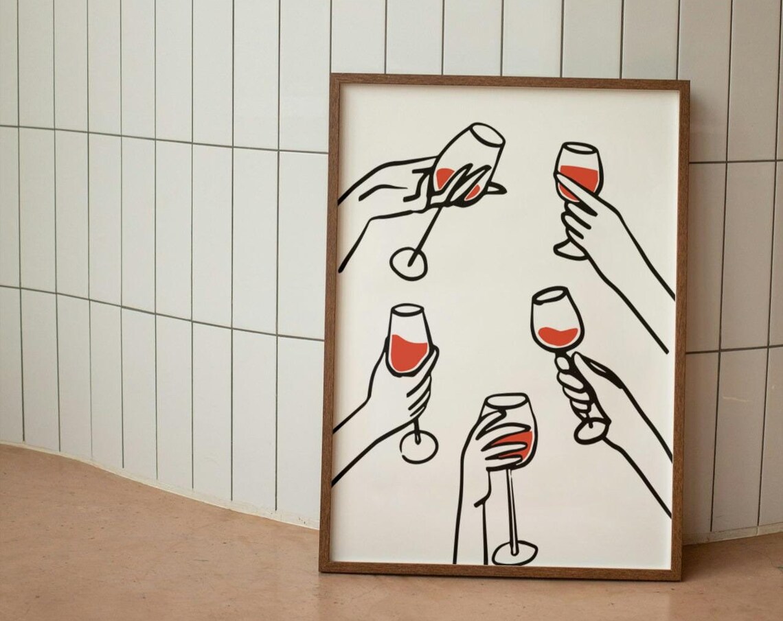 Modern Wine Print, Retro Kitchen Bar Cart Poster