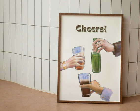 Bar Cart Print Cheers Print Bar Cart Decor Retro Kitchen Wall Art Bar Cart Art Trendy Wall Art Drinks Print Wall Art