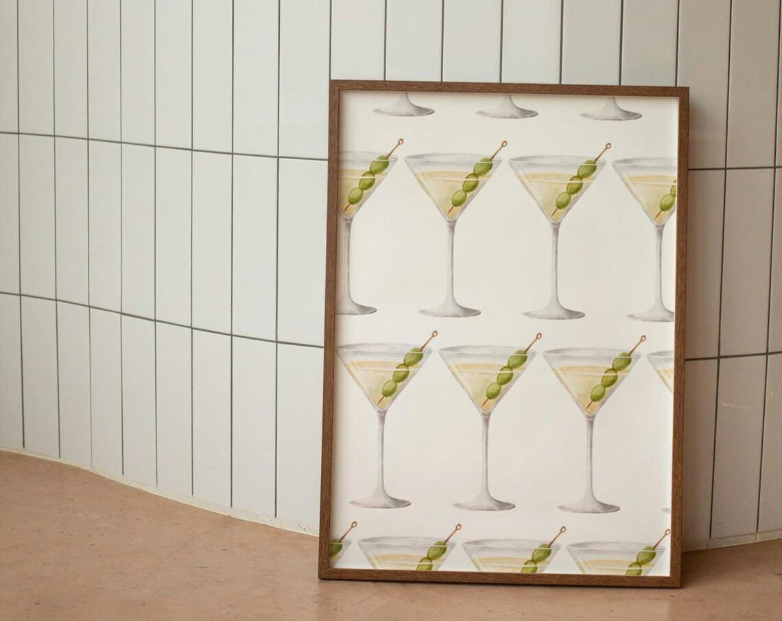 Trendy Martini Glass Cocktail Pattern Bar Cart Watercolor Print