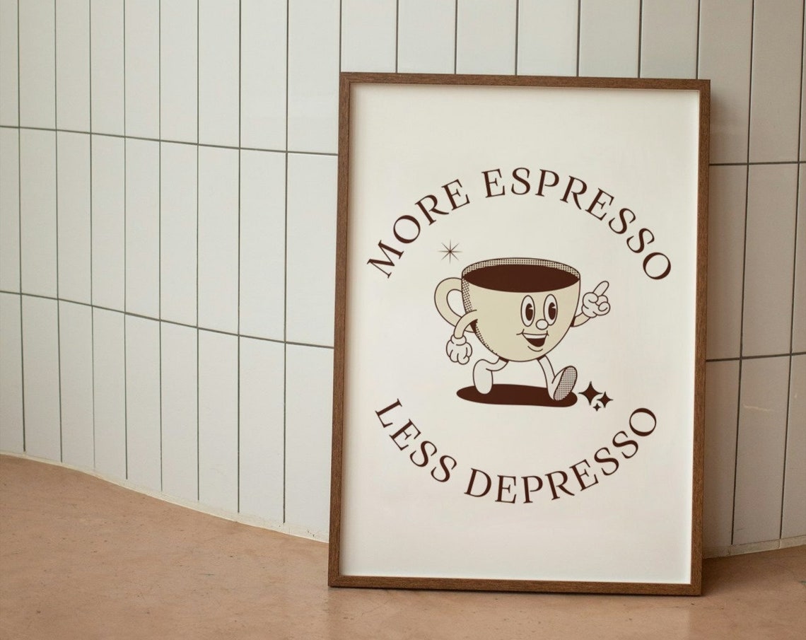 More Espresso Less Depresso Retro Coffee Cup Mascot Wall Poster