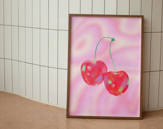 Cherries Poster Print Cherry Wall Art Y2k Aesthetic Decor Pink Posters Trendy Wall Art Retro Preppy Wall Prints Kitchen Fruit