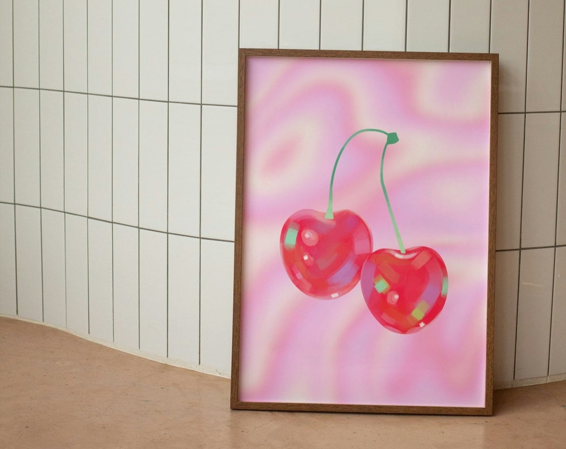 Pink Y2K Glossy Cherry Duo Cute Fruit Illustration Dorm Room Poster