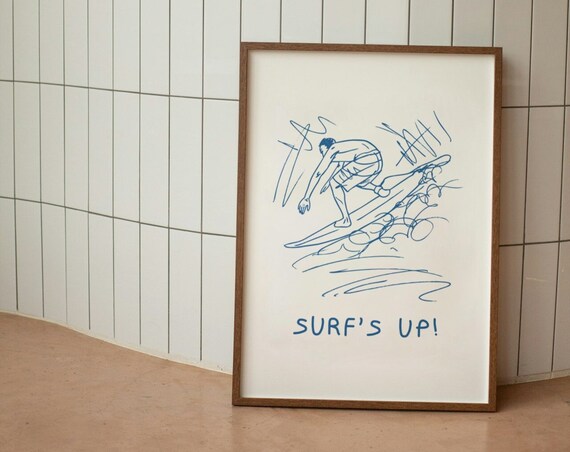 Surf's Up Blue Line Sketch Surfer Wave Minimalist Beach Art Print