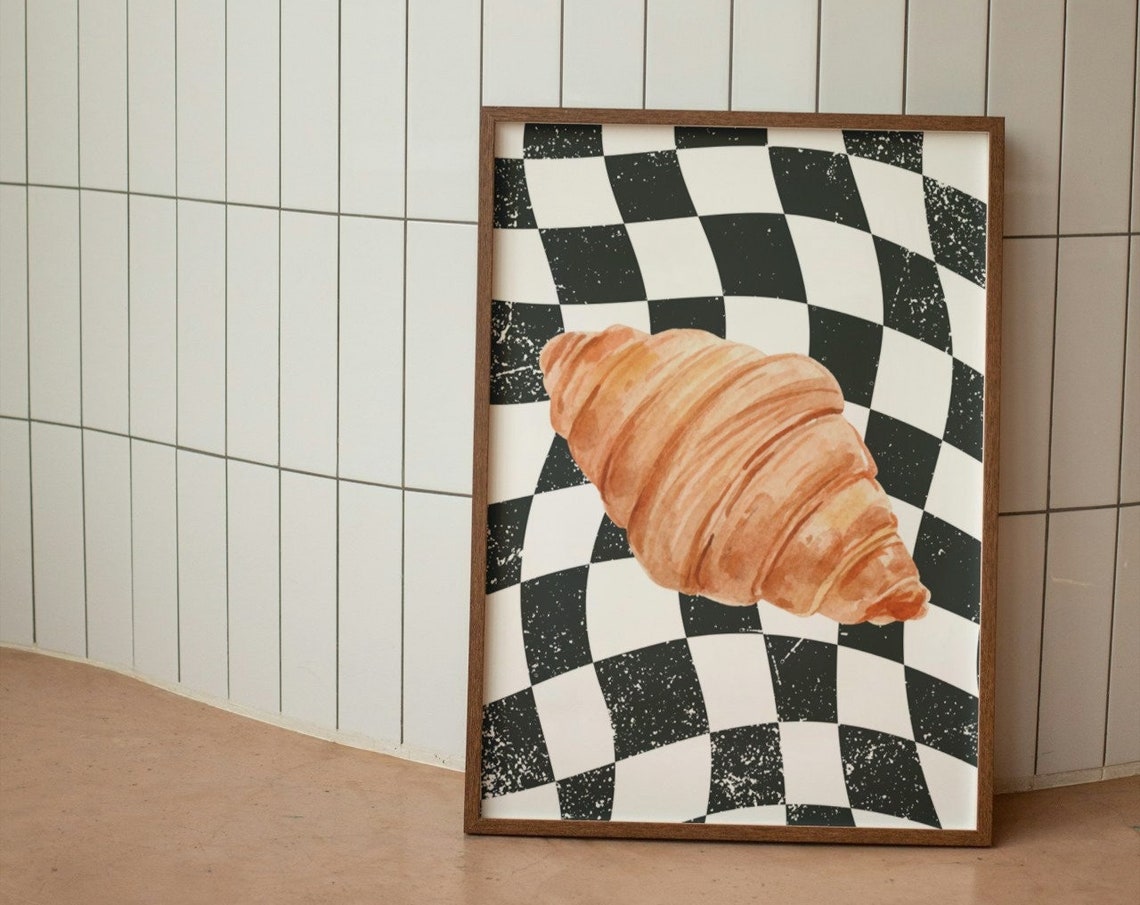 Retro Croissant Watercolor Art Wavy Checkerboard Kitchen Decor Poster