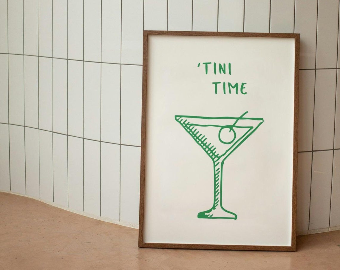 Tini Time Green Martini Glass Cocktail Sketch Bar Cart Poster