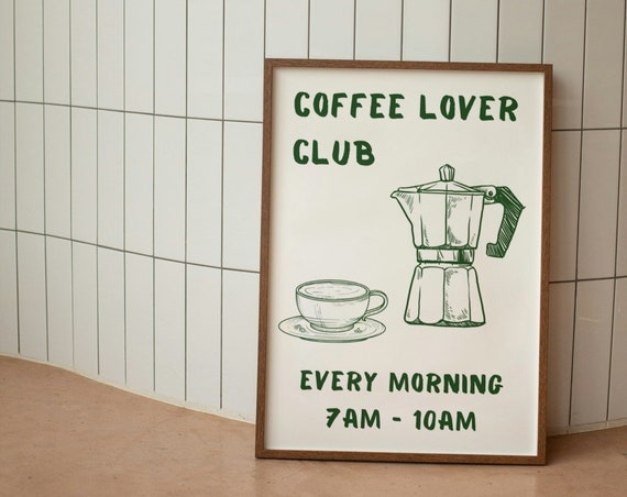 Coffee Lover Club Print Breakfast Poster Moka Pot Espresso Print Hand Drawn Kitchen Print Foodie Drawing Instant Kitchen Decor