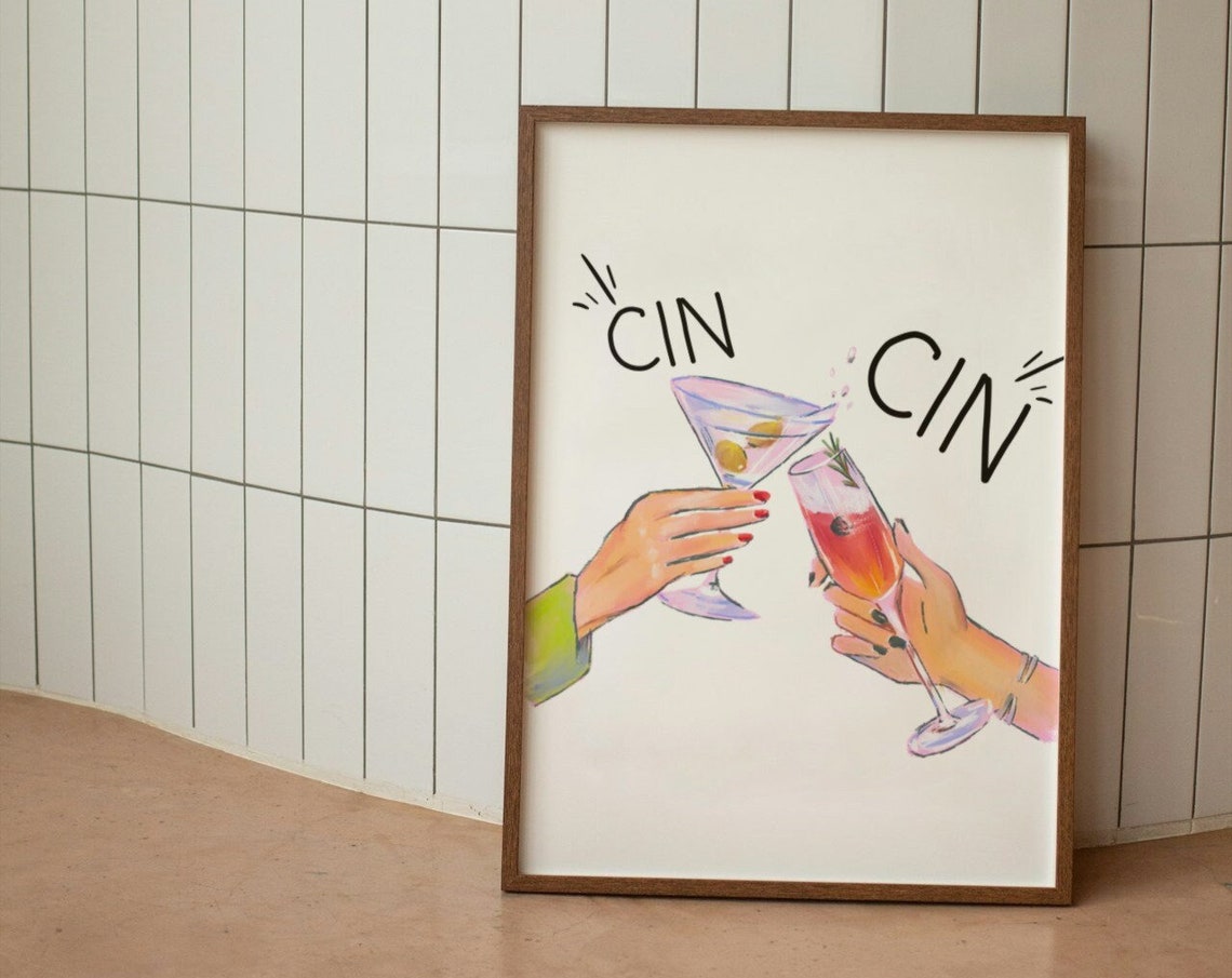 Cin Cin Cheers Cocktail Toast Martini Glass Bar Decor Poster