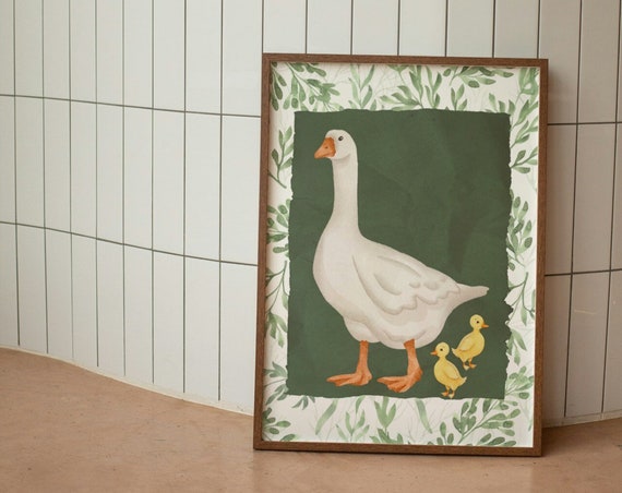 Watercolor Mother Duck Print Wall Art Nursery Art Abstract Vintage Painting Cottagecore Decor Wall Art