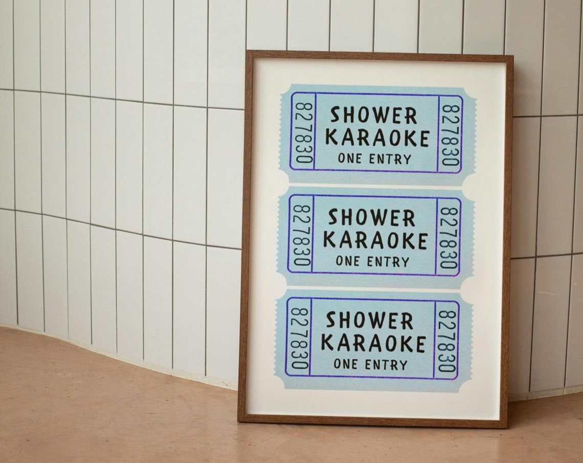 Shower Karaoke Ticket Blue Print Bathroom Poster Shower Singing Funny Art Funny Wall Art Trendy Cute Decor