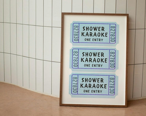 Shower Karaoke Ticket Blue Print Bathroom Poster Shower Singing Funny Art Funny Wall Art Trendy Cute Decor