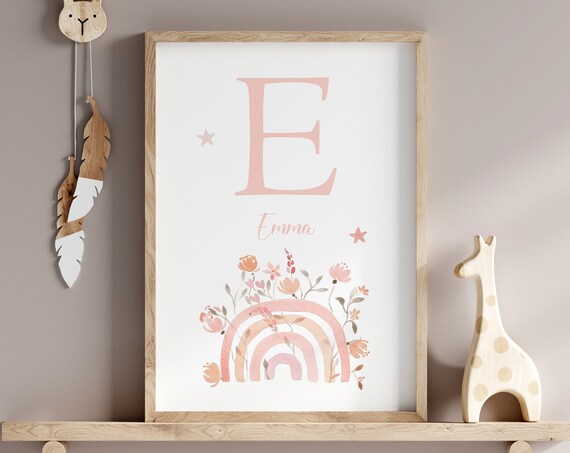Personalized Initial Boho Rainbow Nursery Watercolor Floral Poster