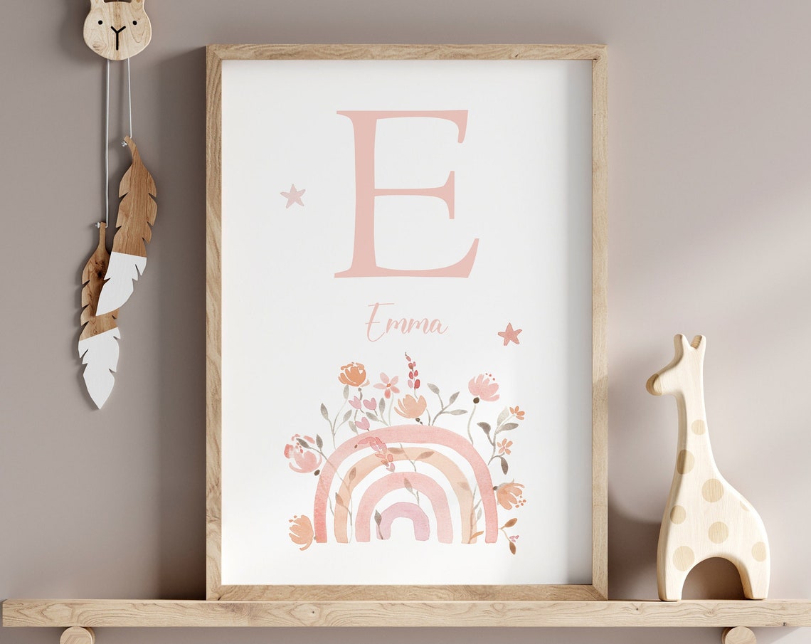 Personalized Initial Boho Rainbow Nursery Watercolor Floral Poster