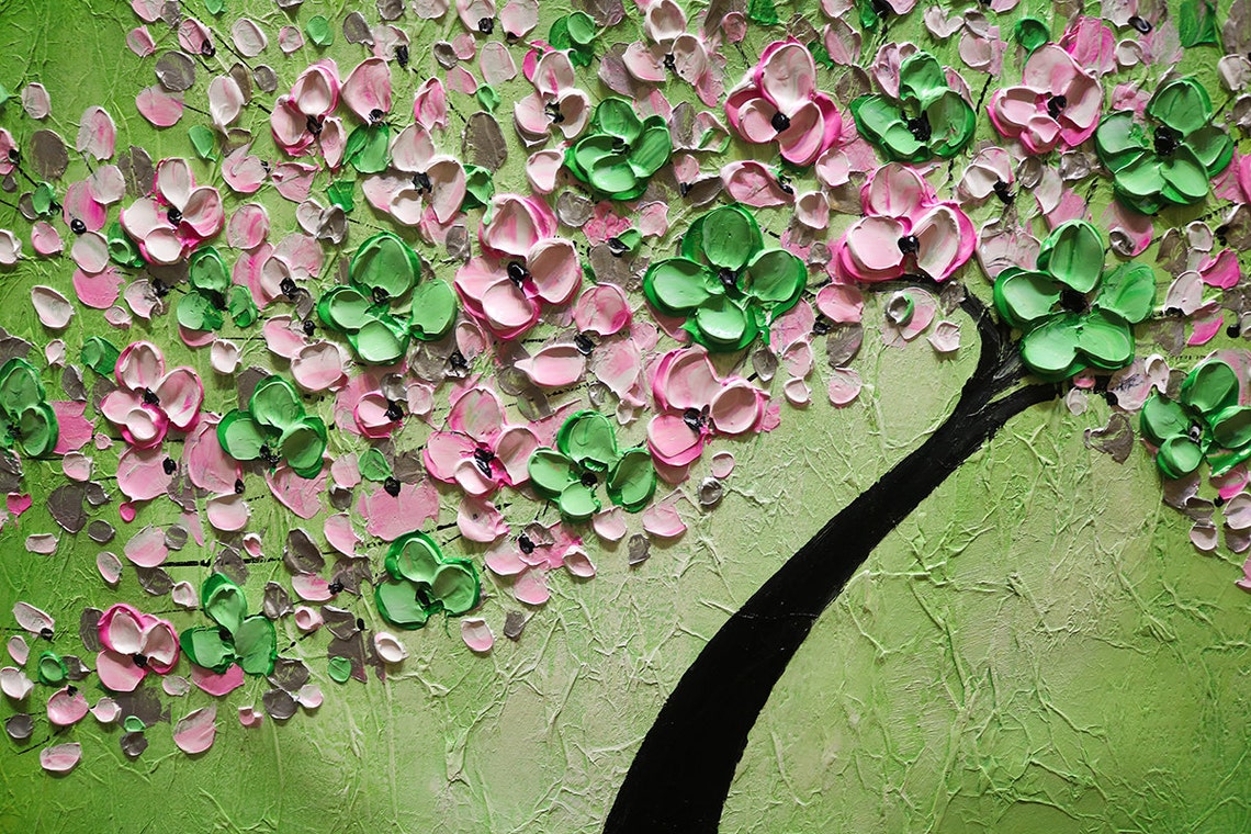 Hand Painted Large Art Abstract Green Pink Cherry Blossom Tree Oil Painting On Art Pink Green Flower Oil Painting Palette Knife Art - Image 2