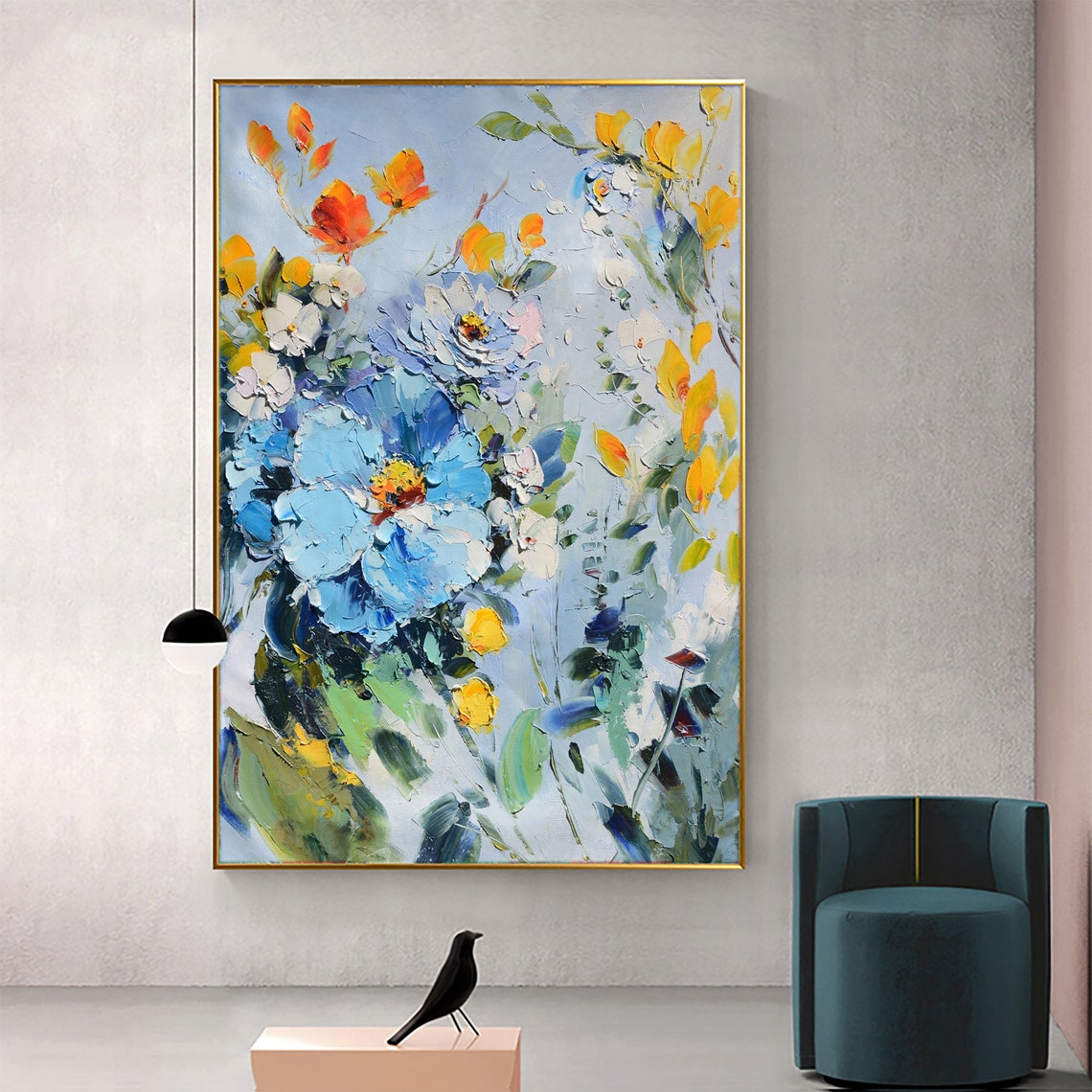 Large Abstract Blue Rose Flower Oil Painting On Art Colorful Flower Painting Art Palette Knife Art Living Room Bedroom Decor Wall Art - Image 5