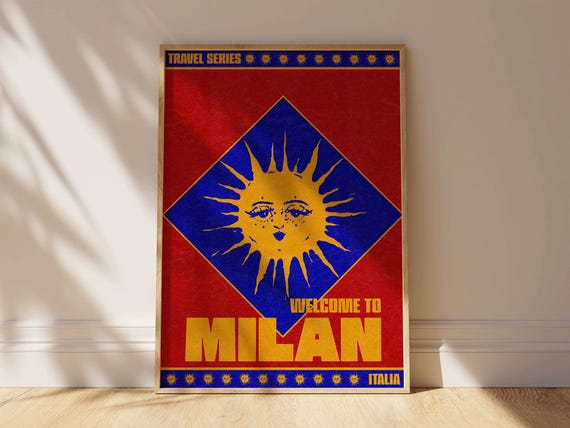 Welcome To Milan Wall Art Bold Travel Poster Italian Print Retro Italian Wall Art Print Colorful Print Travel Wall Art Vibrant Poster