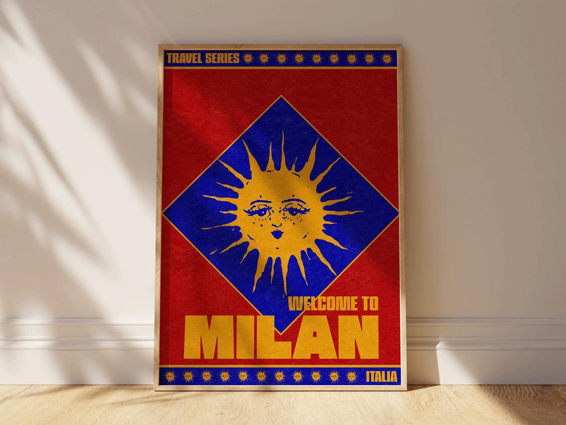 Welcome To Milan Wall Art Bold Travel Poster Italian Print Retro Italian Wall Art Print Colorful Print Travel Wall Art Vibrant Poster