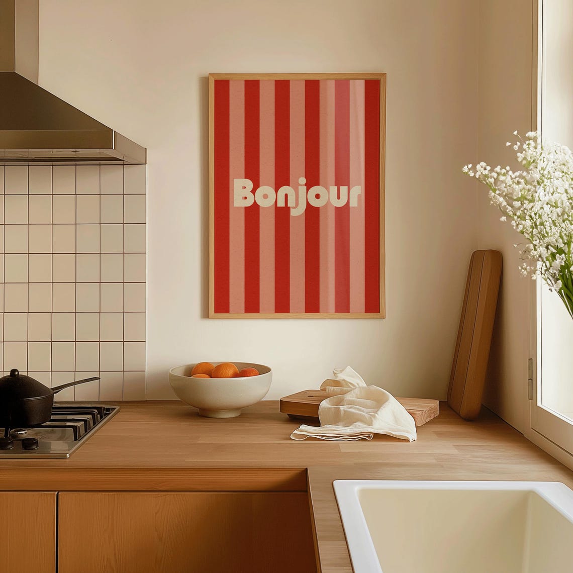 Bonjour French Poster with Red and Pink Vertical Stripe Design