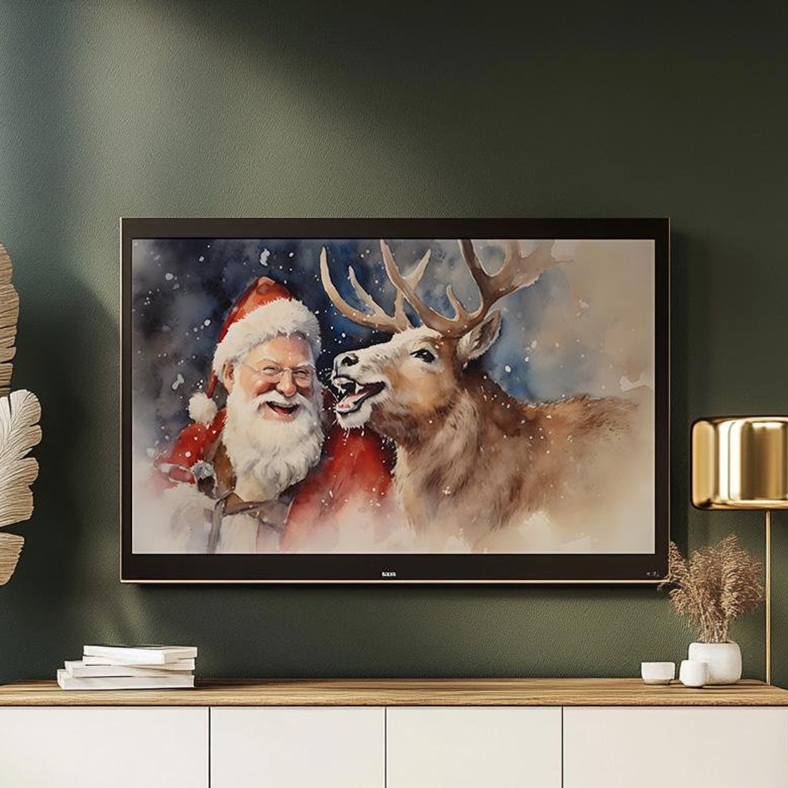 Santa Claus and Reindeer Snowy Watercolor Christmas Scene Poster - Image 2