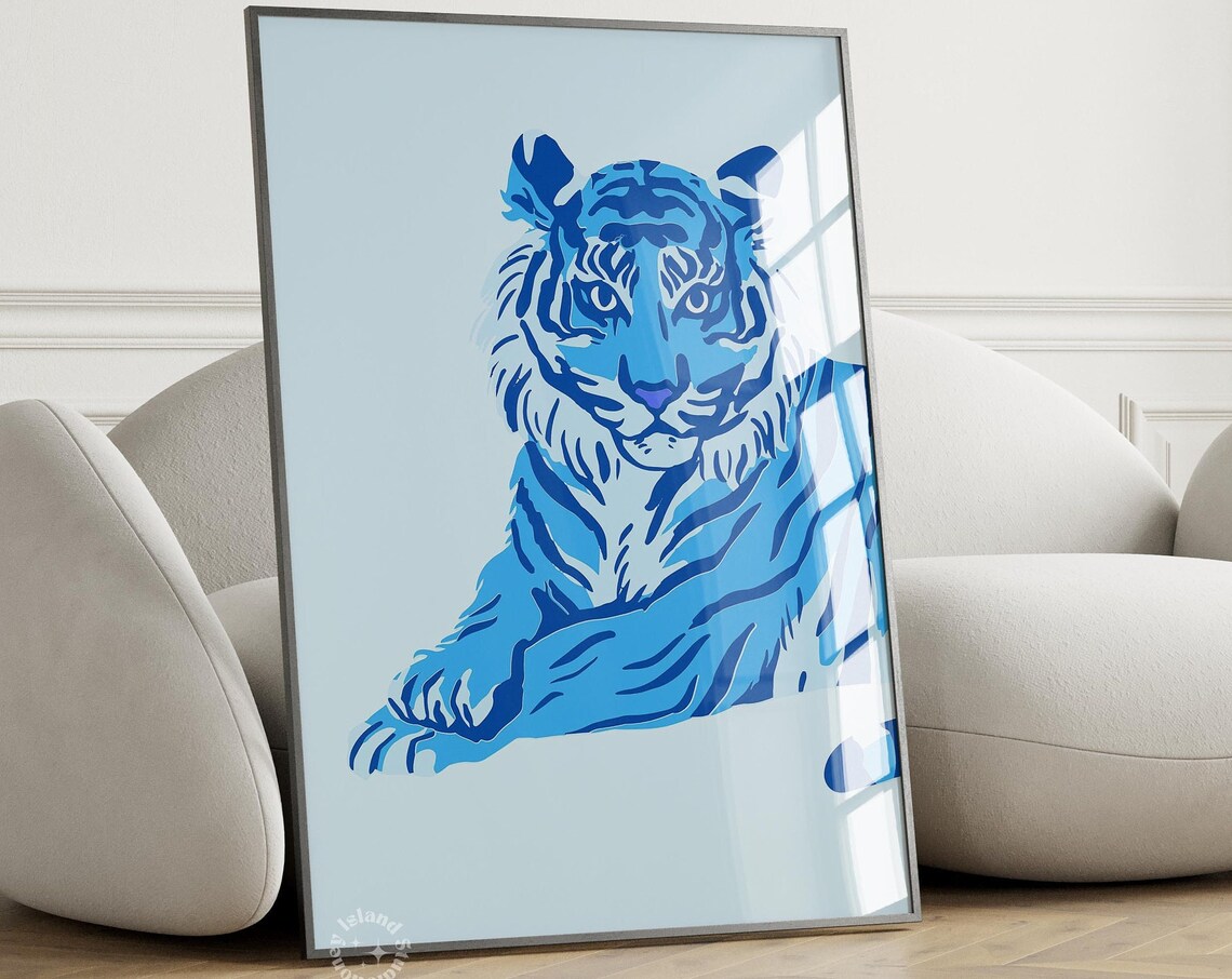 Tiger Print Blue Preppy Maximalist Art Print