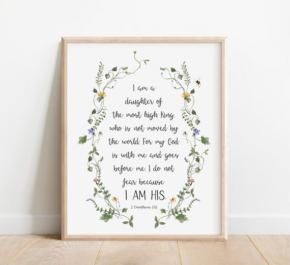 I Am The Daughter Of A King Christian Nursery Decor Kids Bible Verse Wall Art Scripture Print Green Eucalyptus Watercolor Wildflowers