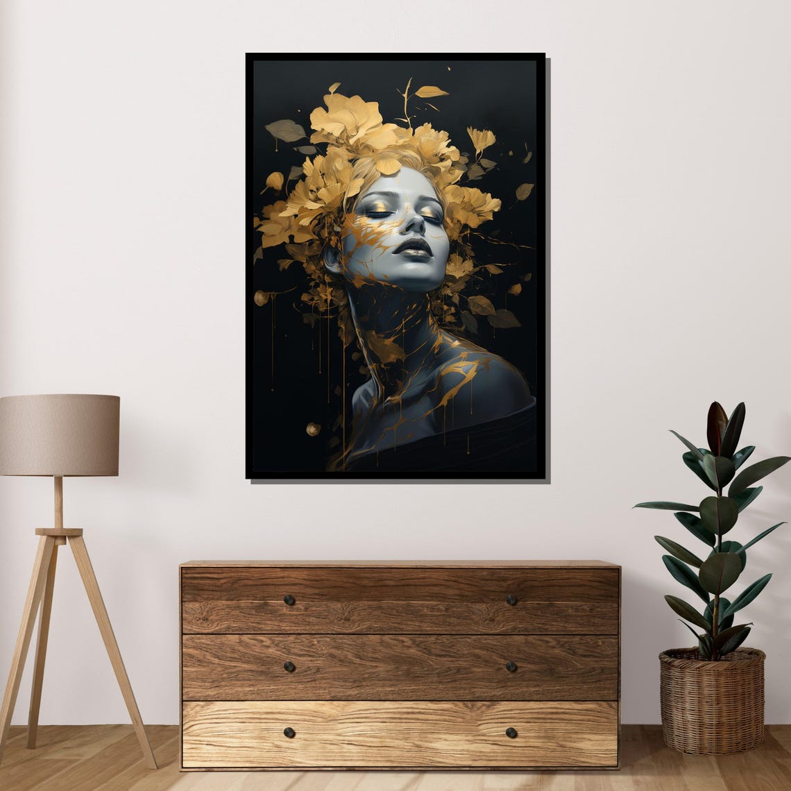 Golden Floral Goddess Black And Gold Elegant Portrait Art Poster