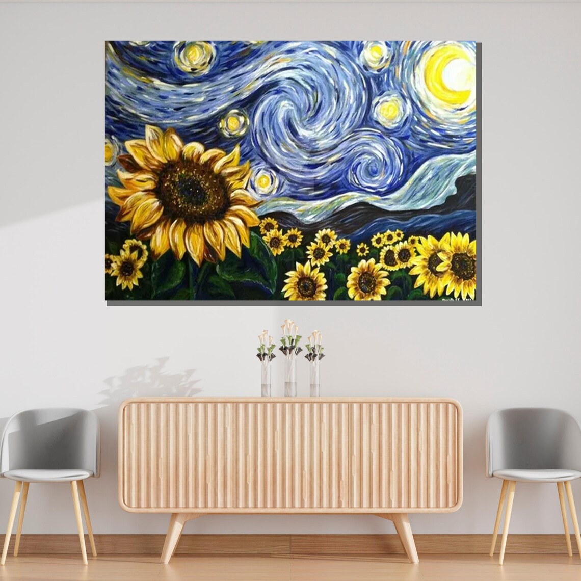 Starry Night Sunflowers Van Gogh Style Swirling Sky Floral Art Poster - Image 3