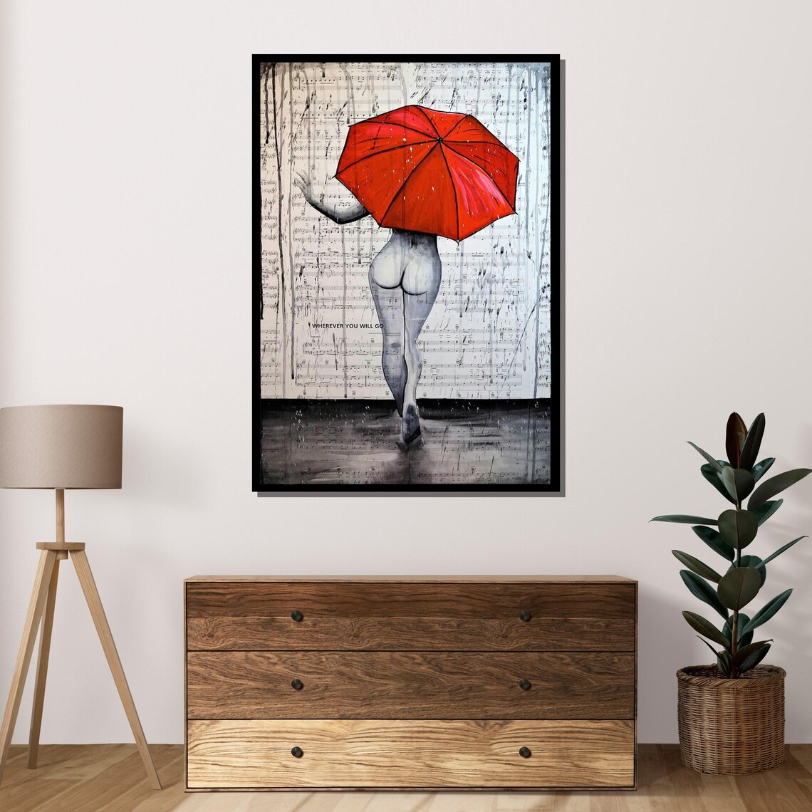 Sensual Nude Woman Red Umbrella Rainy Music Sheet Background Art Poster