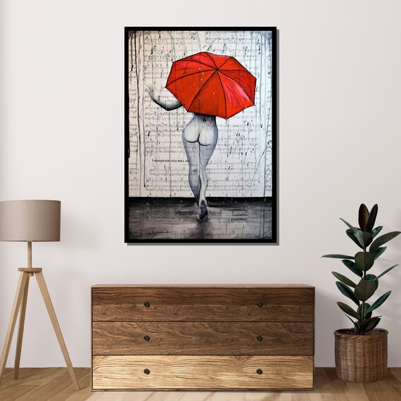 Sensual Nude Woman Red Umbrella Rainy Music Sheet Background Art Poster