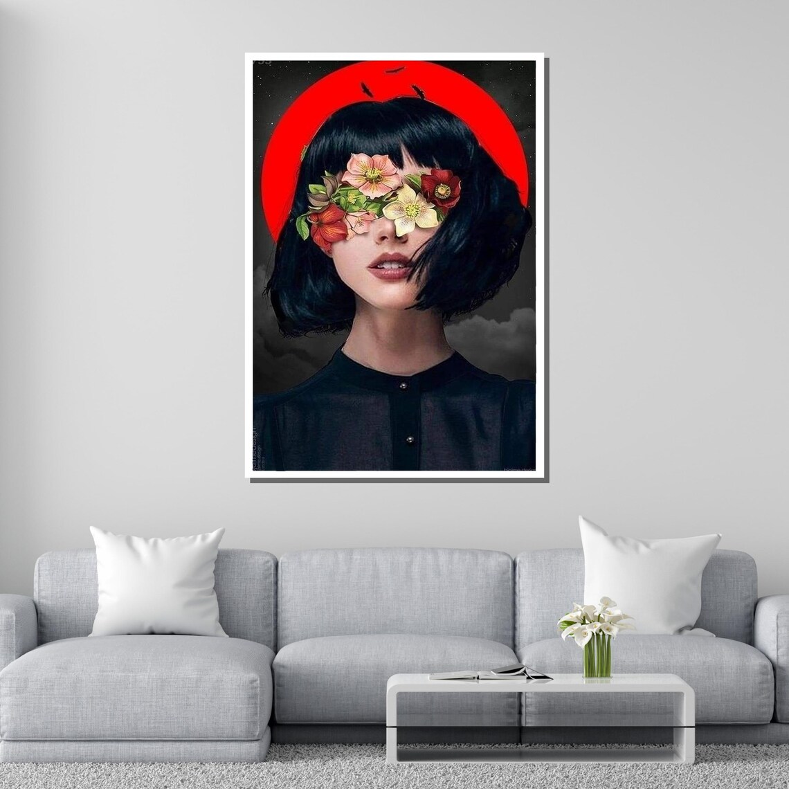 Surreal Floral Blindfold Woman Red Moon Dreamlike Dark Art Poster - Image 2
