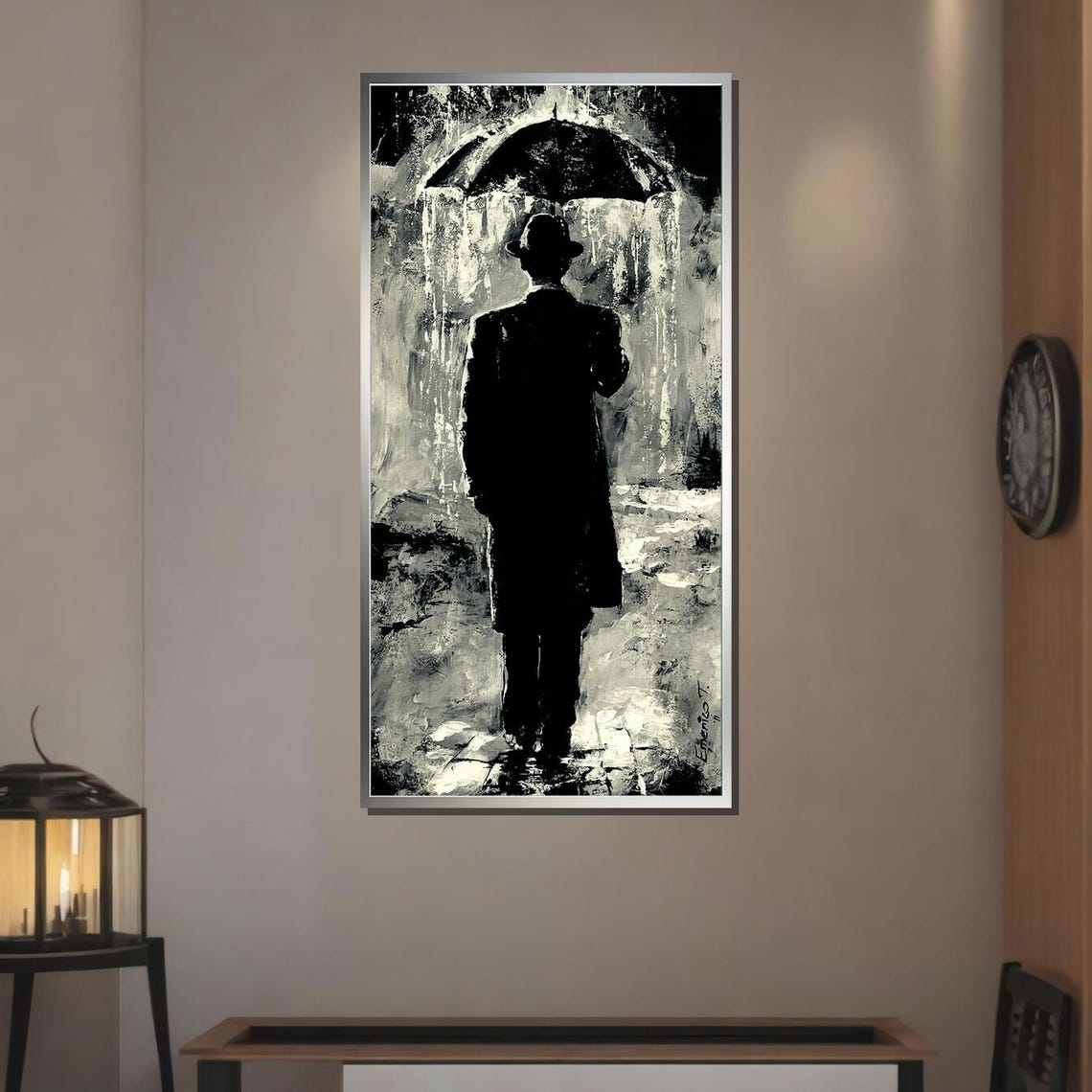Monochrome Man With Umbrella Rainy Street Noir Black White Art Poster - Image 4