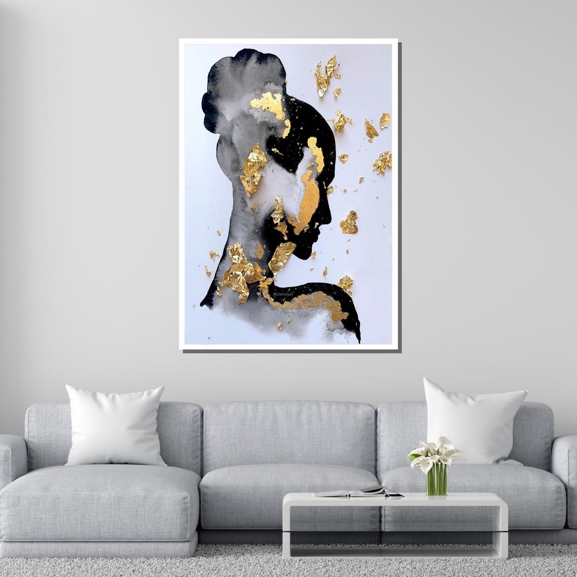 Golden Silhouette Woman Profile Gold Leaf Black Watercolor Art Poster - Image 2