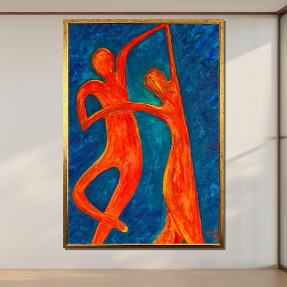 Fiery Red Dance Couple Abstract Figures Blue Background Art Poster