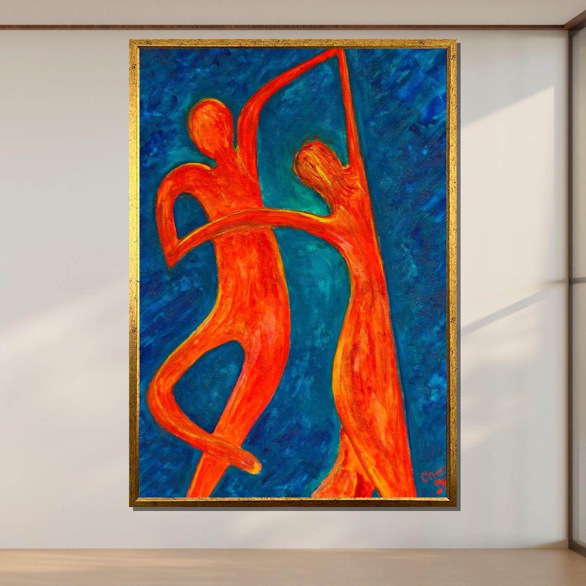 Fiery Dance Abstract Couple Art Modern Wall Decor Red Figures Painting Passionate Dance Ready To Hang