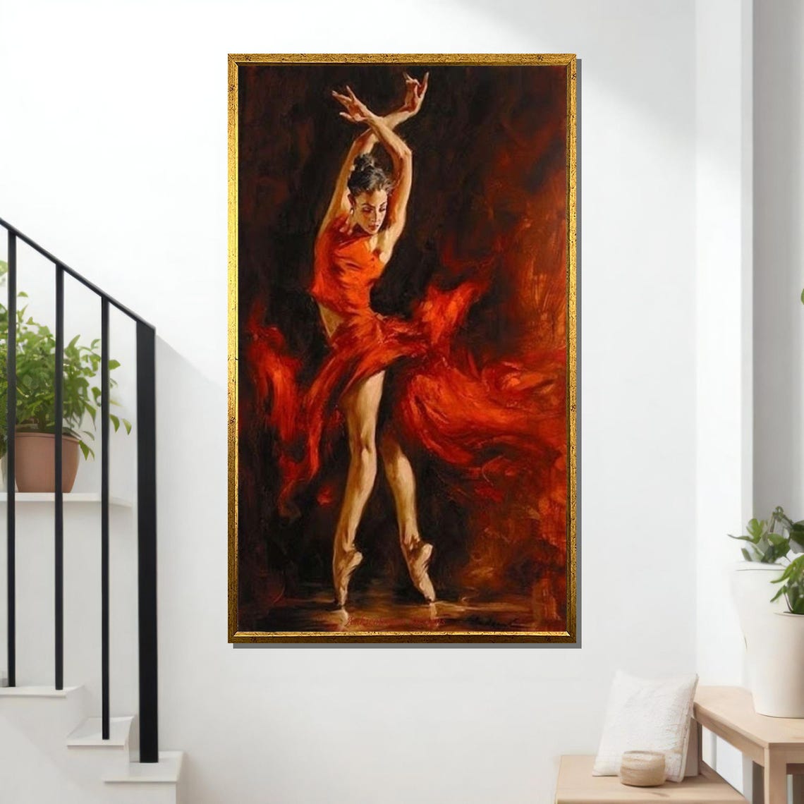 Flamenco Dancer Red Dress Ballet Art Elegant Flamenco Wall Art Passionate Dance Painting Ready To Hang