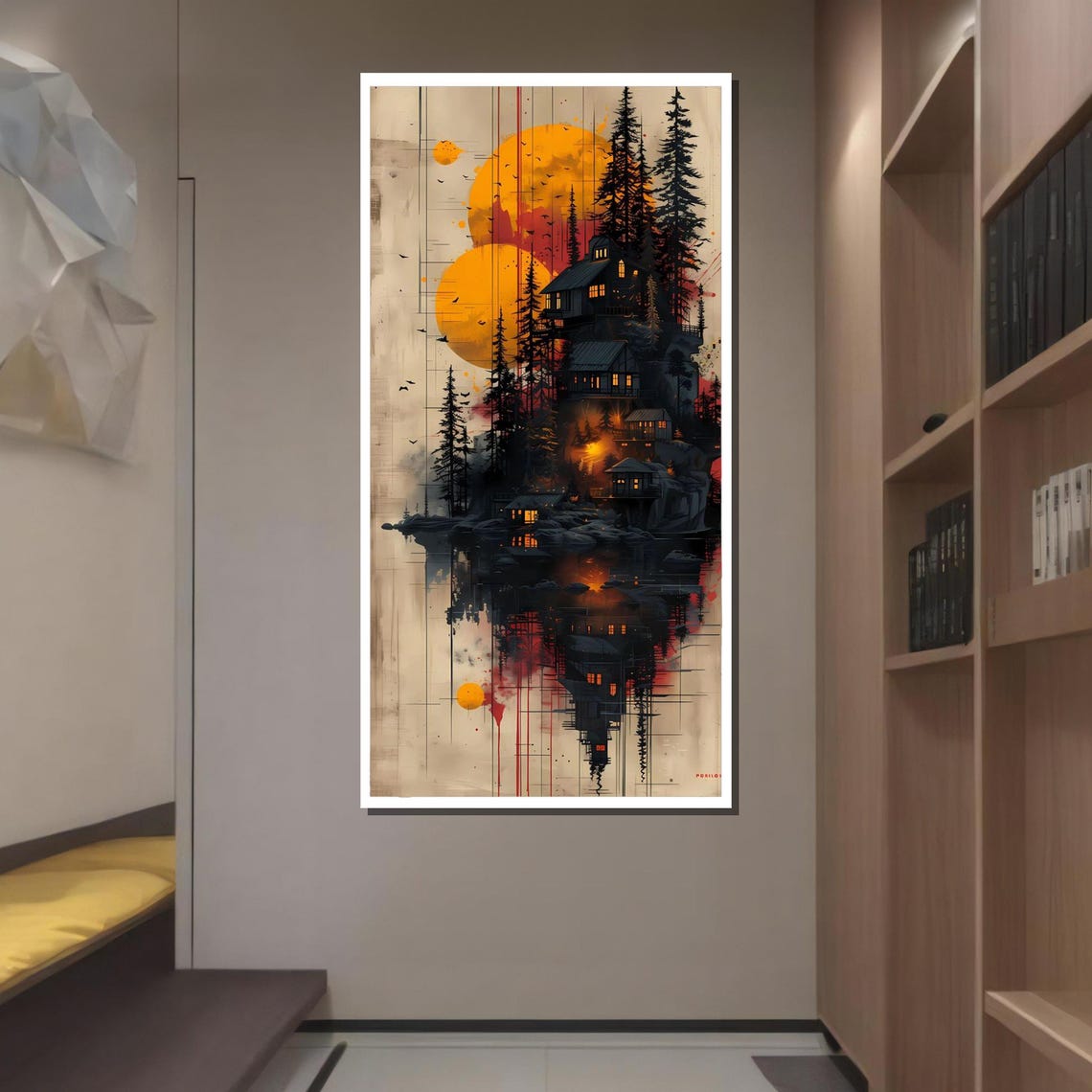 Surreal Forest Cabin Dreamscape Warm Sunset Reflection Art Poster - Image 2