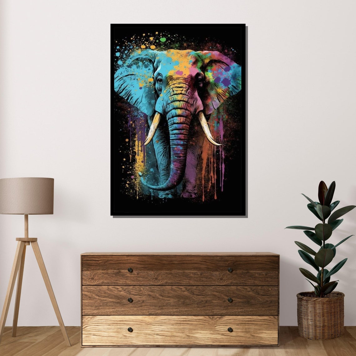 Colorful Elephant Head Paint Splatter Abstract Black Art Wall Poster - Image 4