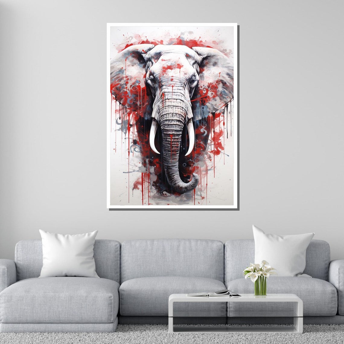 Bold Elephant Head Red Black Ink Splatter Dramatic Animal Art Poster - Image 4