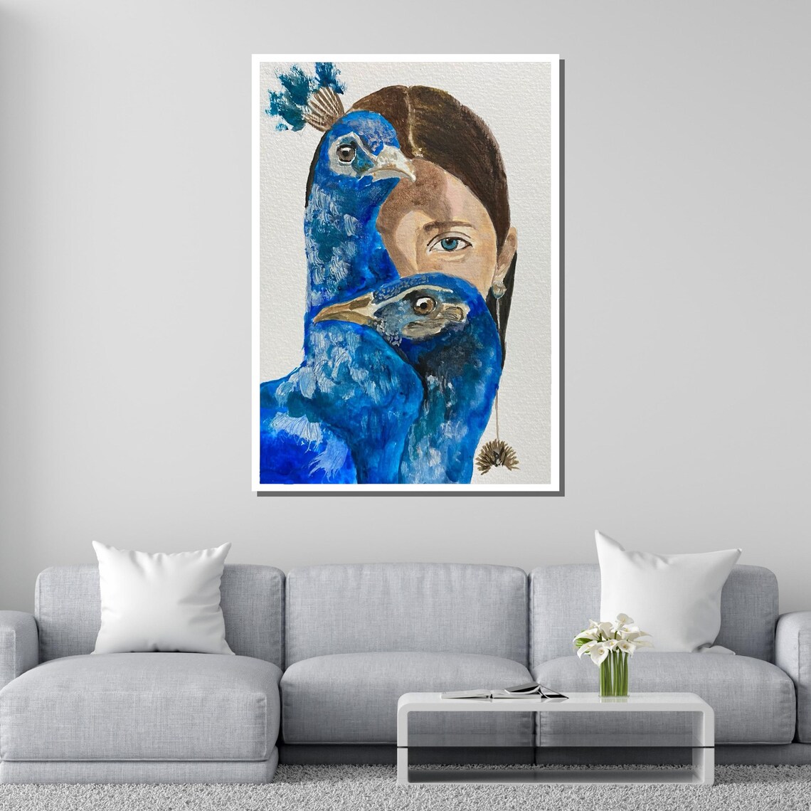 Peacock And Woman Portrait Blue Watercolor Fusion Wall Art Poster - Image 2
