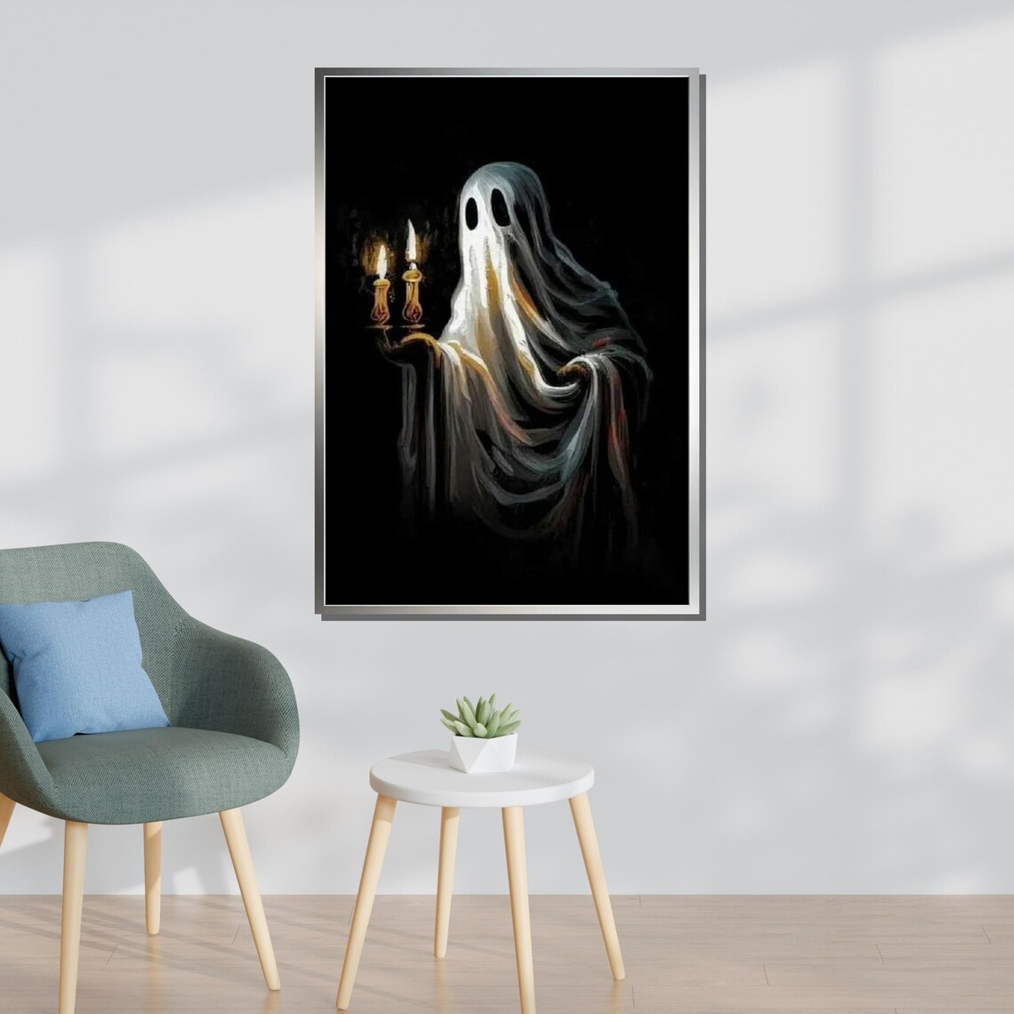Sheet Ghost Holding Candelabra Dark Spooky Halloween Night Wall Art Poster - Image 3
